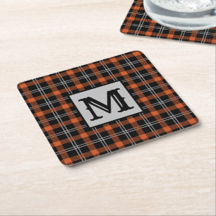 Fall Kariert Orange Monogram Rechteckiger Pappuntersetzer