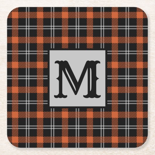 Fall Kariert Orange Monogram Rechteckiger Pappuntersetzer (Vorderseite)