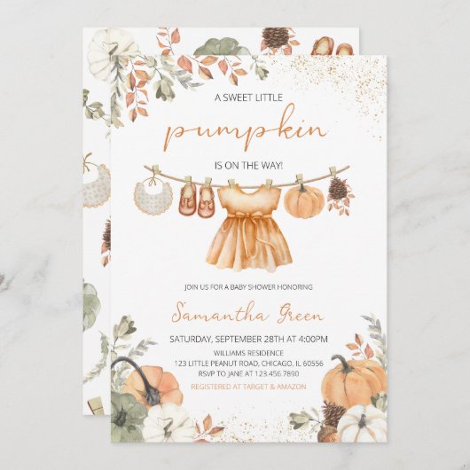 Fall Kleidung Kleine Pumpkin Baby Dusche Einladung (Vorne/Hinten)