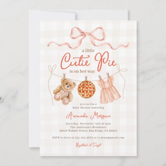 Fall Kleine Süsse Pie Bow Teddy Bear Babydusche Einladung (Vorderseite)