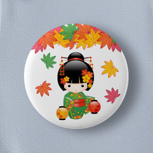 Fall Kokeshi Doll - Green Kimono Geisha Girl Button