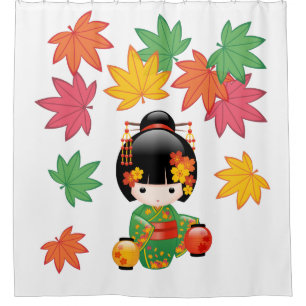 Fall Kokeshi Doll Green Kimono Geisha Girl Duschvorhang