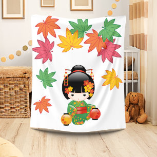Fall Kokeshi Doll - Green Kimono Geisha Girl Fleecedecke