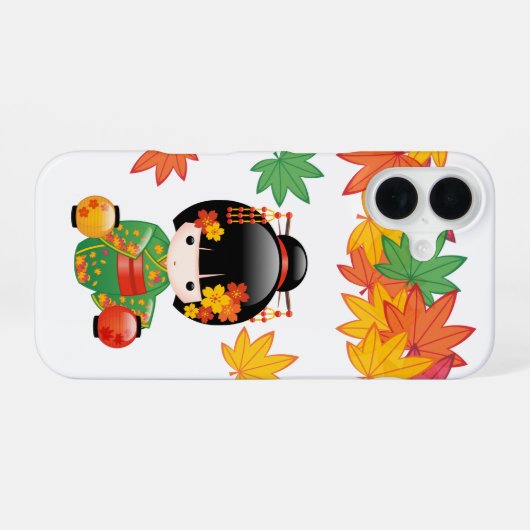 Fall Kokeshi Doll - Green Kimono Geisha Girl iPhone 16 Hülle (Rückseite (Horizontal))