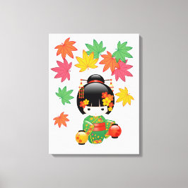 Fall Kokeshi Doll - Green Kimono Geisha Girl Leinwanddruck