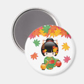 Fall Kokeshi Doll - Green Kimono Geisha Girl Magnet (Vorderseite/Rückseite)