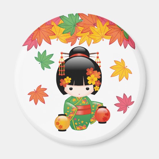 Fall Kokeshi Doll - Green Kimono Geisha Girl Magnet (Vorne)