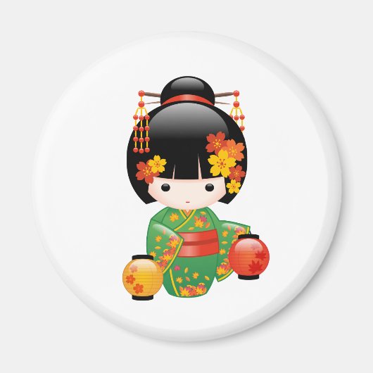Fall Kokeshi Doll - Green Kimono Geisha Girl Magnet (Vorne)