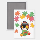Fall Kokeshi Doll Green Kimono Geisha Girl Magnet (Vorderseite/Rückseite)