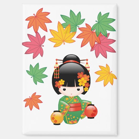 Fall Kokeshi Doll Green Kimono Geisha Girl Magnet (Vorderseite)