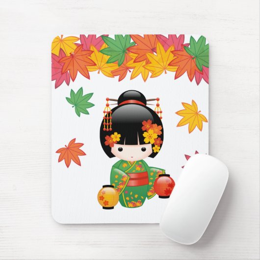 Fall Kokeshi Doll - Green Kimono Geisha Girl Mousepad (Mit Mouse)