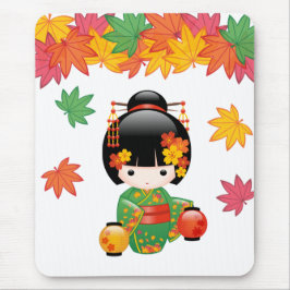 Fall Kokeshi Doll - Green Kimono Geisha Girl Mousepad