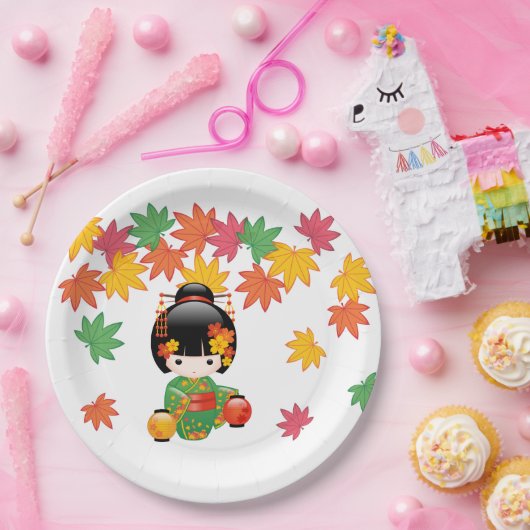 Fall Kokeshi Doll - Green Kimono Geisha Girl Pappteller (Party)