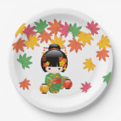 Fall Kokeshi Doll - Green Kimono Geisha Girl Pappteller (Vorderseite)