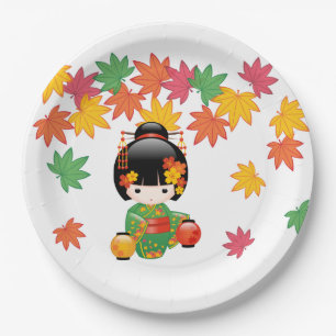 Fall Kokeshi Doll - Green Kimono Geisha Girl Pappteller