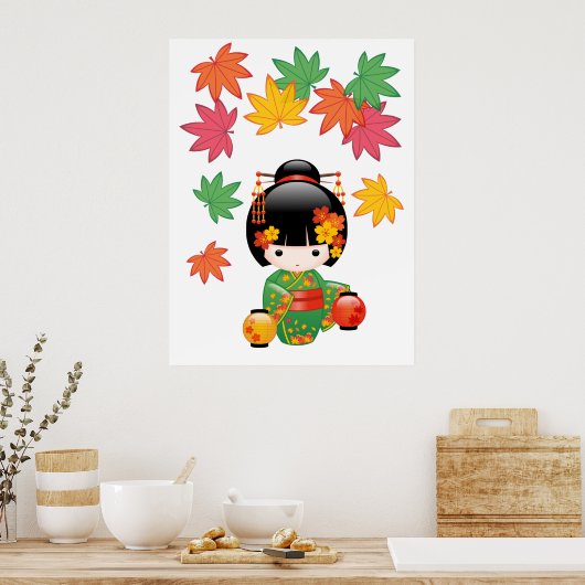 Fall Kokeshi Doll - Green Kimono Geisha Girl Poster (Küche)