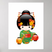 Fall Kokeshi Doll - Green Kimono Geisha Girl Poster (Vorne)