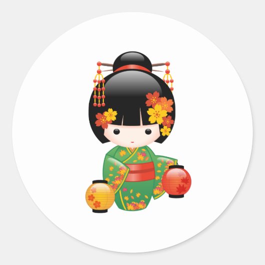 Fall Kokeshi Doll - Green Kimono Geisha Girl Runder Aufkleber (Vorderseite)