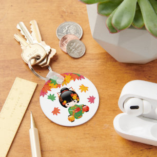 Fall Kokeshi Doll - Green Kimono Geisha Girl Schlüsselanhänger