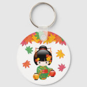 Fall Kokeshi Doll - Green Kimono Geisha Girl Schlüsselanhänger (Rückseite)