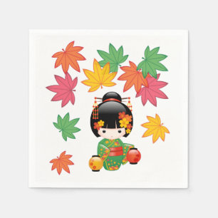 Fall Kokeshi Doll - Green Kimono Geisha Girl Serviette