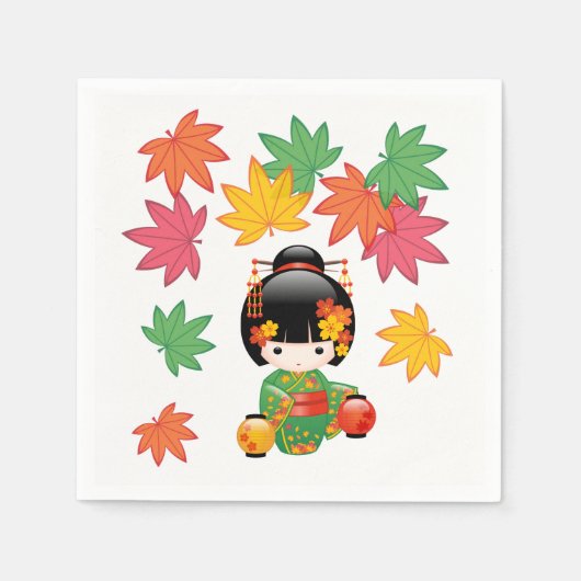 Fall Kokeshi Doll - Green Kimono Geisha Girl Serviette (Vorderseite)