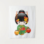Fall Kokeshi Doll - Green Kimono Geisha Girl Wandteppich (Vorderseite)