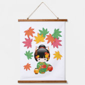 Fall Kokeshi Doll - Green Kimono Geisha Girl Wandteppich Mit Holzrahmen (Vorderseite)