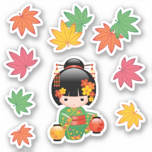 Fall Kokeshi Doll - Japanisches Kimono Geisha Girl Aufkleber (Vorderseite)