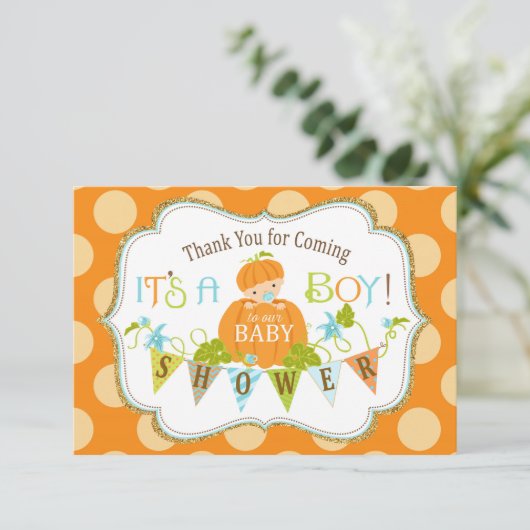 Fall-Kürbis-Jungen-GoldGlitzer danken Ihnen Dankeskarte (Stehend Vorderseite)