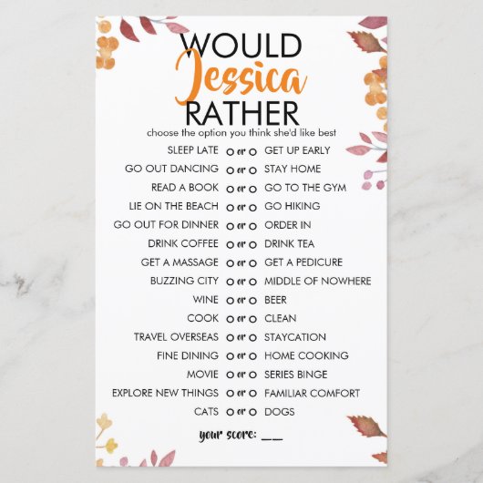 Fall Leaves Customisable Would She Rather Game (Vorderseite)