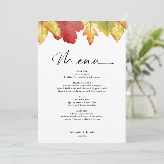Fall Leaves Wedding Menu Einladung (Stehend Vorderseite)