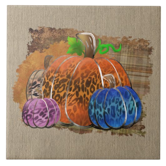 Fall Leopard Print Autumn Pumpkins On Plaid Fliese (Vorderseite)