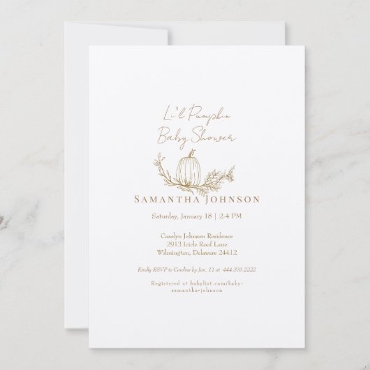 Fall Li'l Pumpkin Ecru Babydusche Einladung (Vorderseite)