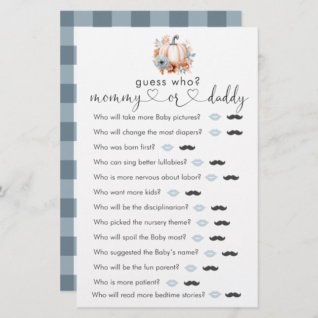 Fall Little Pumpkin Baby Dusche "raten Sie, wer" S (Vorne/Hinten)