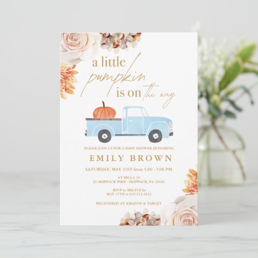 Fall Little Pumpkin Boy Kinderdusche Einladung (Stehend Vorderseite)