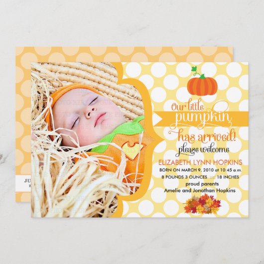 Fall Little Pumpkin Foto Geburtsankündigung Ankündigung (Vorne/Hinten)