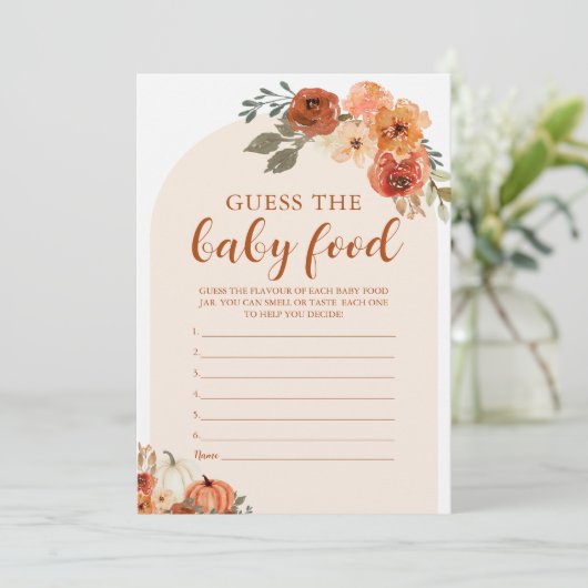 Fall Little Pumpkin Ratet die Baby Food Game Card Einladung (Stehend Vorderseite)