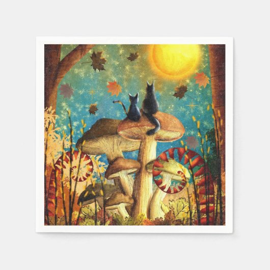 Fall Lovers Cats Forest Mushrooms Stars Night Sky Serviette (Vorderseite)