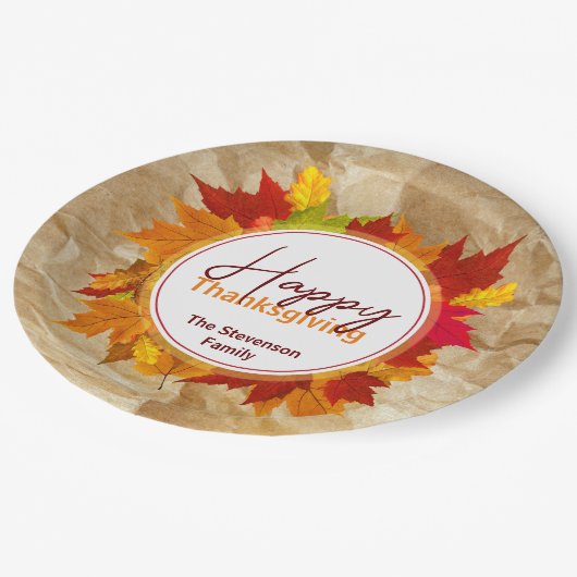 Fall Maple Blätter auf Papier Textur Erntedank Pappteller (Schrägansicht)