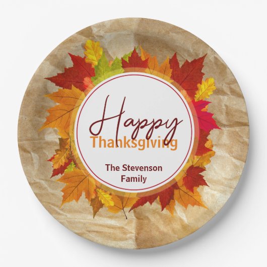 Fall Maple Blätter auf Papier Textur Erntedank Pappteller (Vorderseite)