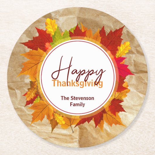 Fall Maple Blätter auf Papier Textur Erntedank Runder Pappuntersetzer (Vorderseite)