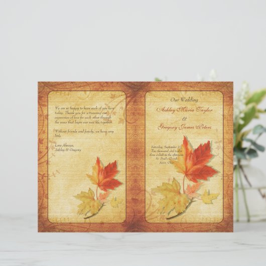 Fall Maple Blätter Hochzeitsprogramm (Stehend Vorderseite)