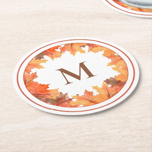 Fall Maple-Blätter Monogramm Runder Pappuntersetzer (Angewinkelt)