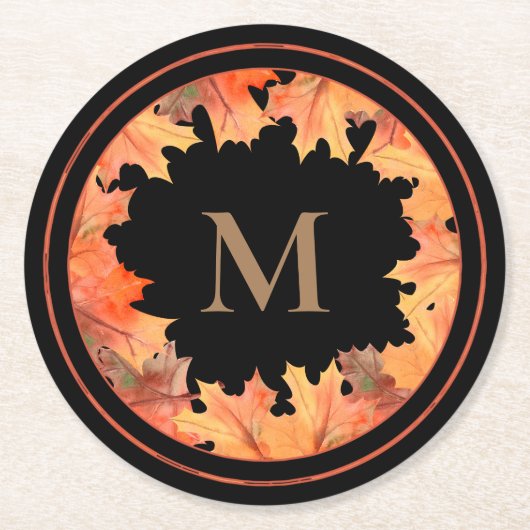 Fall Maple Blätter Monogramm Schwarz Runder Pappuntersetzer (Vorderseite)