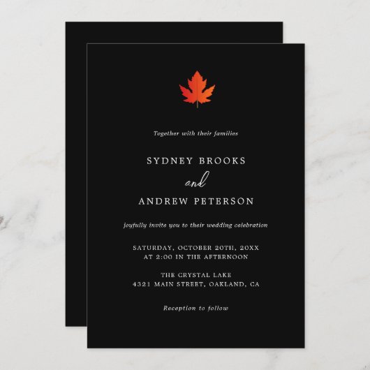 Fall Maple Leaf Moderne Minimalistische Hochzeit Einladung (Vorne/Hinten)