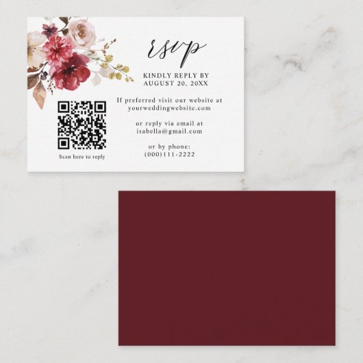 Fall Maroon Beige Pink Floral QR Code Hochzeit RSV Begleitkarte (Vorne/Hinten)