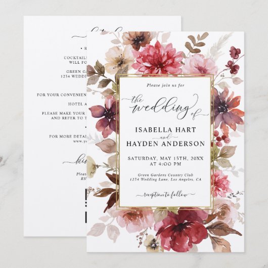 Fall Maroon Blush Gold All in 1 QR Code Hochzeit Einladung (Vorne/Hinten)