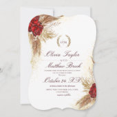 Fall Maroon Gold Watercolor Florals Wedding Einladung (Vorderseite)