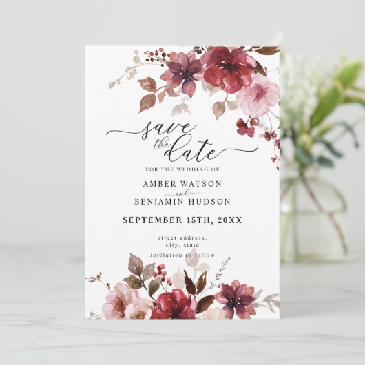 Fall Maroon rosa Berries Hochzeit speichern das Da Einladung (Stehend Vorderseite)